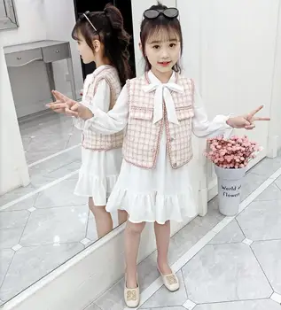 

Spring Big Girls Sets Age 4-14Y 2020 new Arrival Kids Clothing Long sleeve Girl Dress + Vest Children's sets