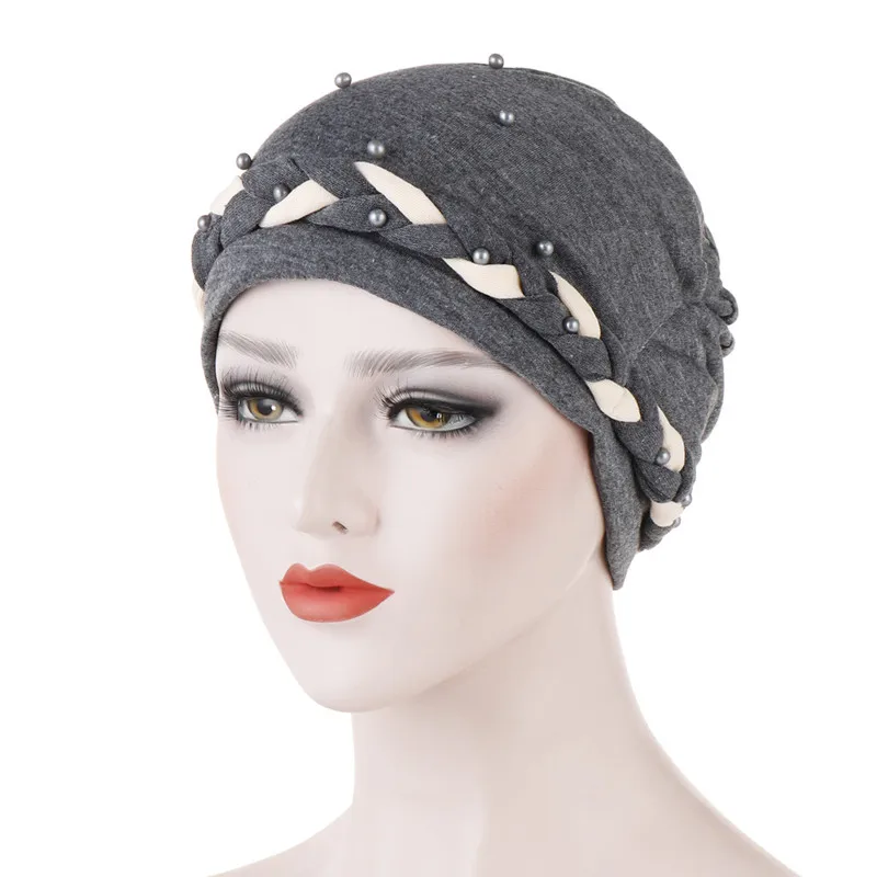 Bandanas Women Bead Braid Cotton Turban Hat Scarf Cancer Chemo Beanies Caps Hijab Headwear Head Wrap Plated Hair Loss Cover