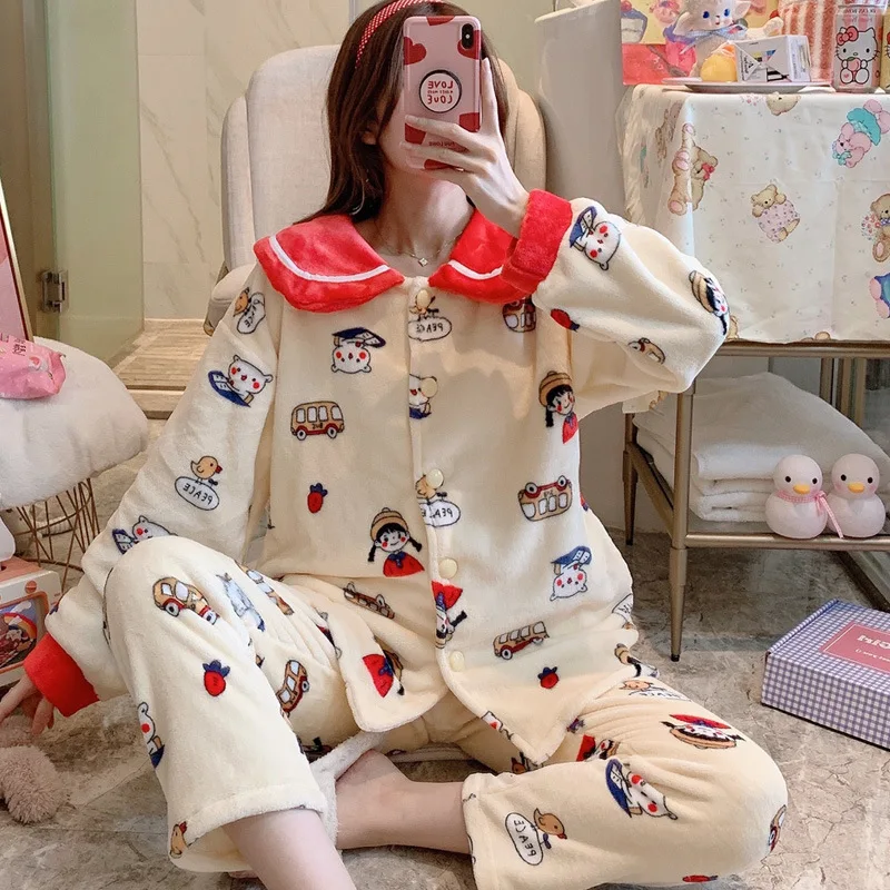 Christmas Pajamas Women Cute Printed Flannel Thickened Warm Cartoon Two-piece Female Pajamas Home Casual Clothing