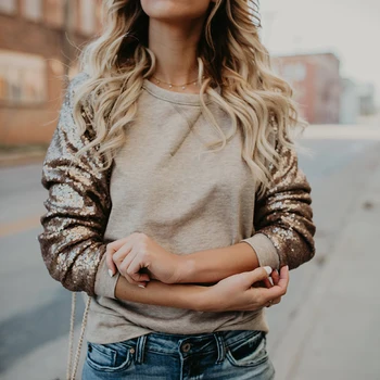 

Autumn Winter Pullover Tops Women Europe And The United States New Sequins Patchwork Solid Color Shirt Female Khaki S-XL