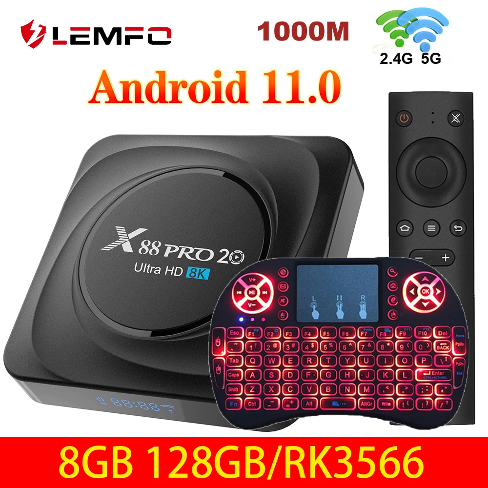 ТВ приставка LEMFO X88 pro 20 RK3566 android 11 8 ГБ 64 128 8K 2021 дюйма WiFi 1000 м поддержка Google Assistant Youtube