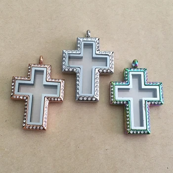 

5Pcs Cross Floating Locket Stainless Steel Magnetic Crystal Glass Living Locket Pendant Silver Rose Gold