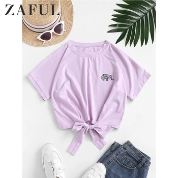 

ZAFUL Mauve Women Elephant Graphic Knotted Cropped Tee Round Neck Crop Top Short T-Shirt Ladies Summer Basic Tee Solid Color