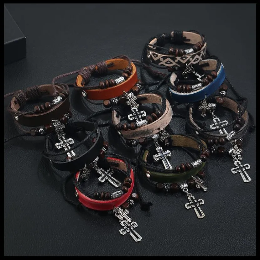 

2019 NEW Fashion Cross Leather Bracelet Charm Bracelets for Men Boys Women Girls Hand-woven Beaded Fashion Wholesale