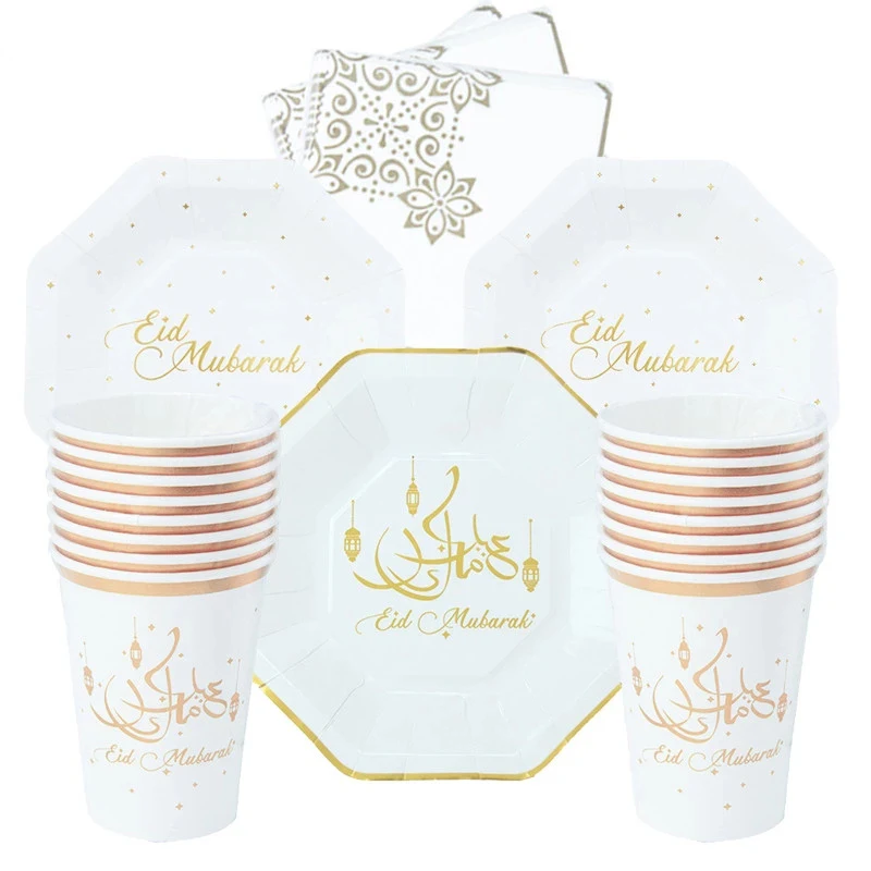 Decoración de Ramadán EID Mubarak para decoración del hogar, taza y plato de papel Ramadán Kareem, tira de luz Led, LIslam, adornos musulmanes para fiesta EID