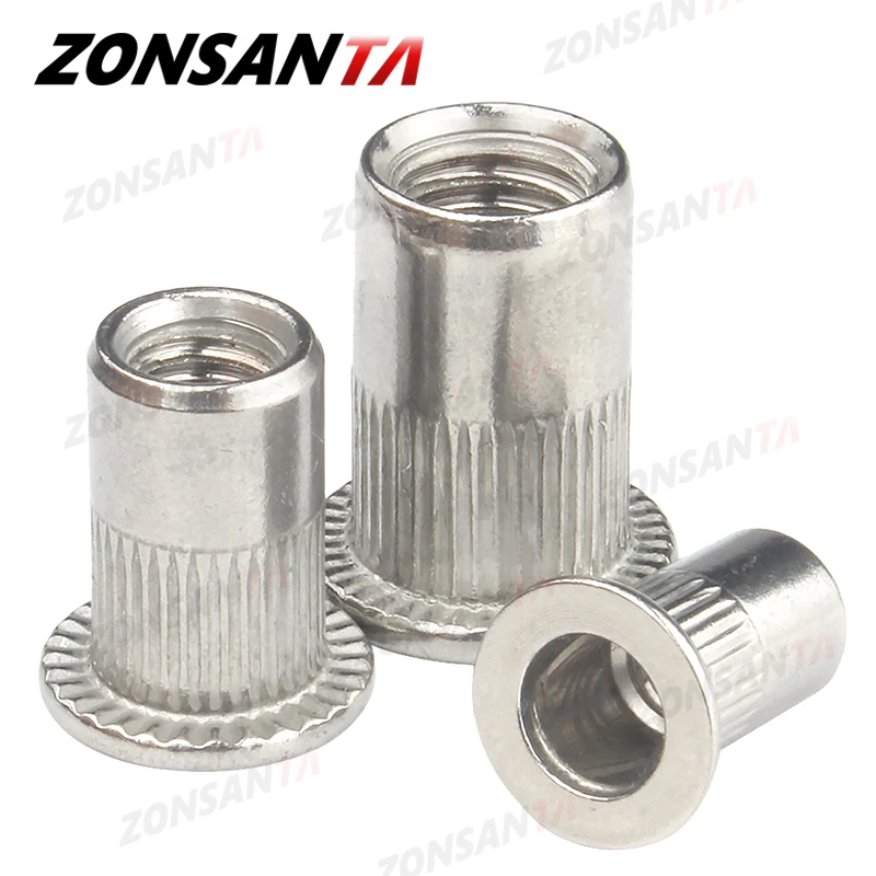 ZONSANTA 리벳 너트 304, 스테인리스 스틸 M4 M5 M6 M8 M10 리벳 너트, 플랫 헤드 스레드 리벳 인서트 너트서트 캡, 천공 리벳 너트