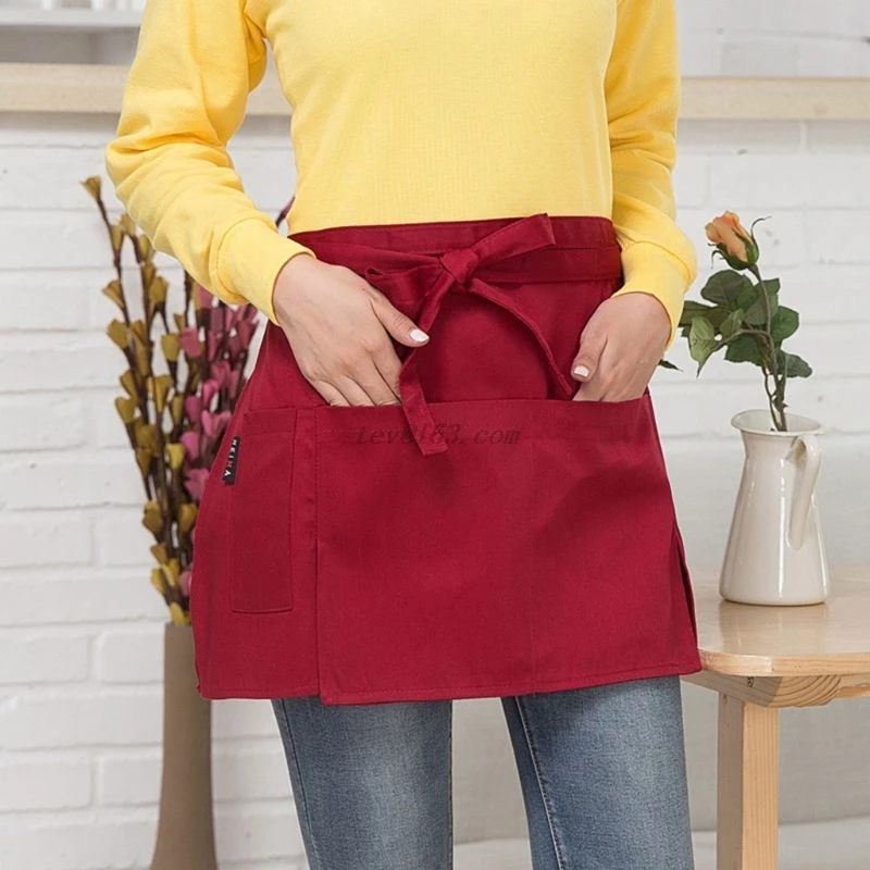 Men Women Kitchen Restaurant Waist Apron Solid Color Half Short Apron Adjusted With Pockets Pen Loops for Server Waiter Waitress Kitchen Apron