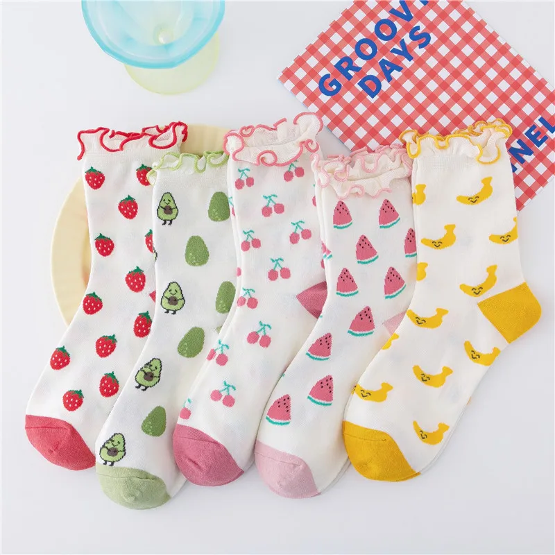 

5 Pcs Women's Cartoon Fruit Socks Watermelon Banana Strawberry Socks Girl's Summer Cute Colorful Woman Socks Cute Student Socks