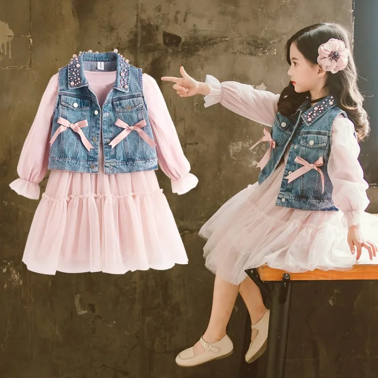 

2019 New Autumn Girl Clothes Sets Dress And Jean Vest For Height 100-160cm 1026