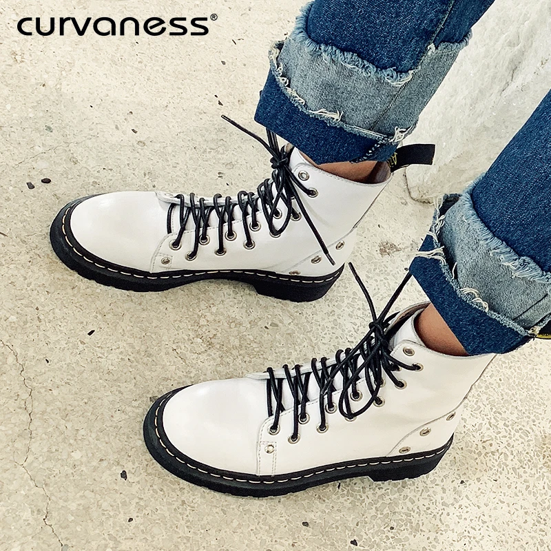 Curvaness/2019 г. ботинки женская обувь из натуральной кожи зимние с заклепками Женская