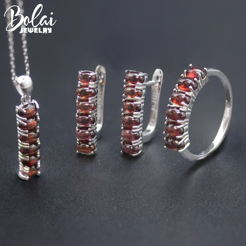 

Bolai 100% Natural Garnet Jewelry Sets Real 925 Sterling Silver Earrings Ring Pendant Fine Jewelry for Women's Simple Design