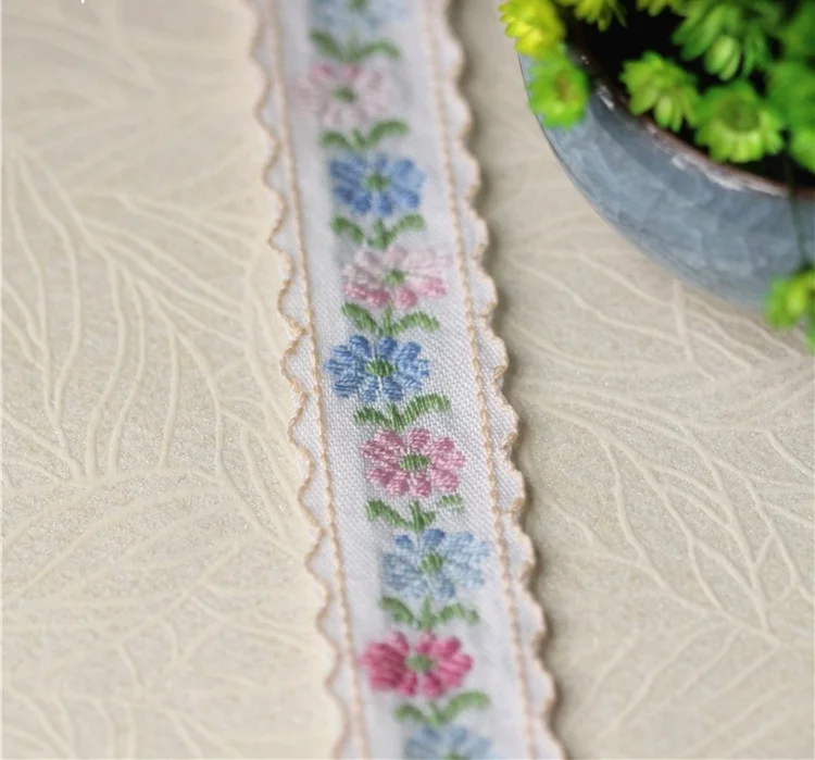2.4cm wide 3meters/lot Small Pink Flower Embroidered Cotton Ribbon Lace Waves Sewing Accessories X1045