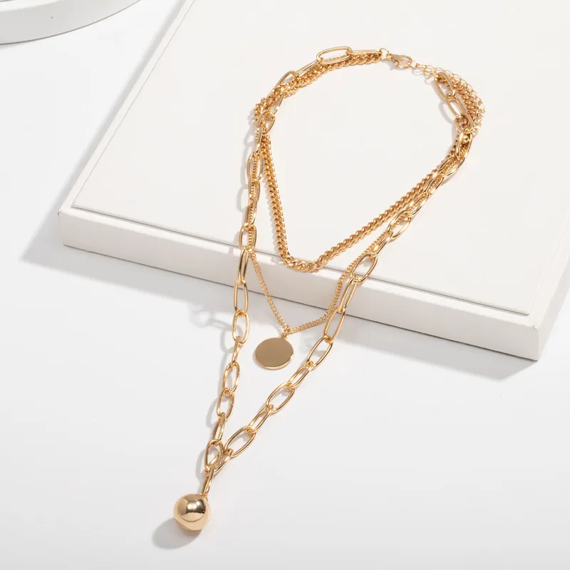 Золотая цепь три слоя круглый шар-диск очаровательные ожерелья женские корейские модные хип-хоп минимализм вечерние ювелирные изделия