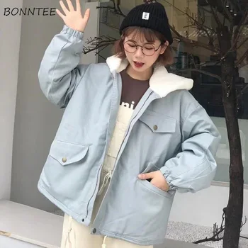 

Parkas Women Patchwork Sweet Korean Style Big Pockets All-match Loose 2XL Girls Simple School Winter Coat Thickening Harajuku