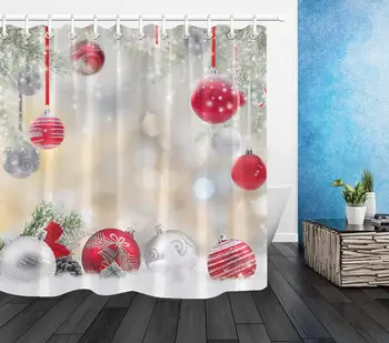 

Christmas Shower Curtain Kids,Silvery and Red Rope Ball with Snowflakes Fashion Holiday Theme Shower Curtain for Bathroom