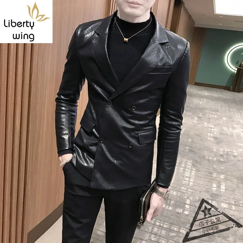 

Fashion Leather Blazer Men Embroidered Double Breasted Slim Suit Jacket Lapel Party Business Black Formal Short Coat M-3XL
