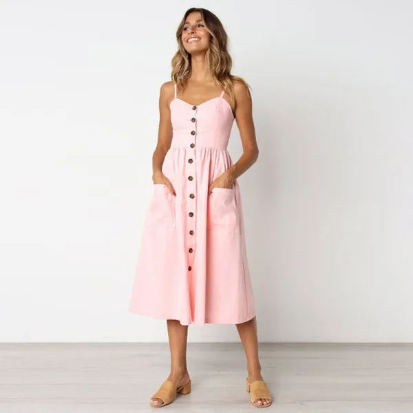 Элегантное женское сексуальное платье на пуговицах, с карманами, в горошек, в полоску, платье миди с цветочным принтом, летнее повседневное женское пляжное платье, Vestidos - Цвет: TS-8018 pink