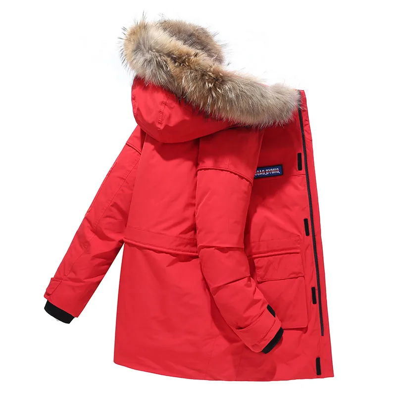 Мужская зимняя куртка из белого утиного пуха, 90% утиного пуха, парки, зимняя мужская куртка с меховым капюшоном, Длинные теплые пальто для влюбленных - Цвет: Red
