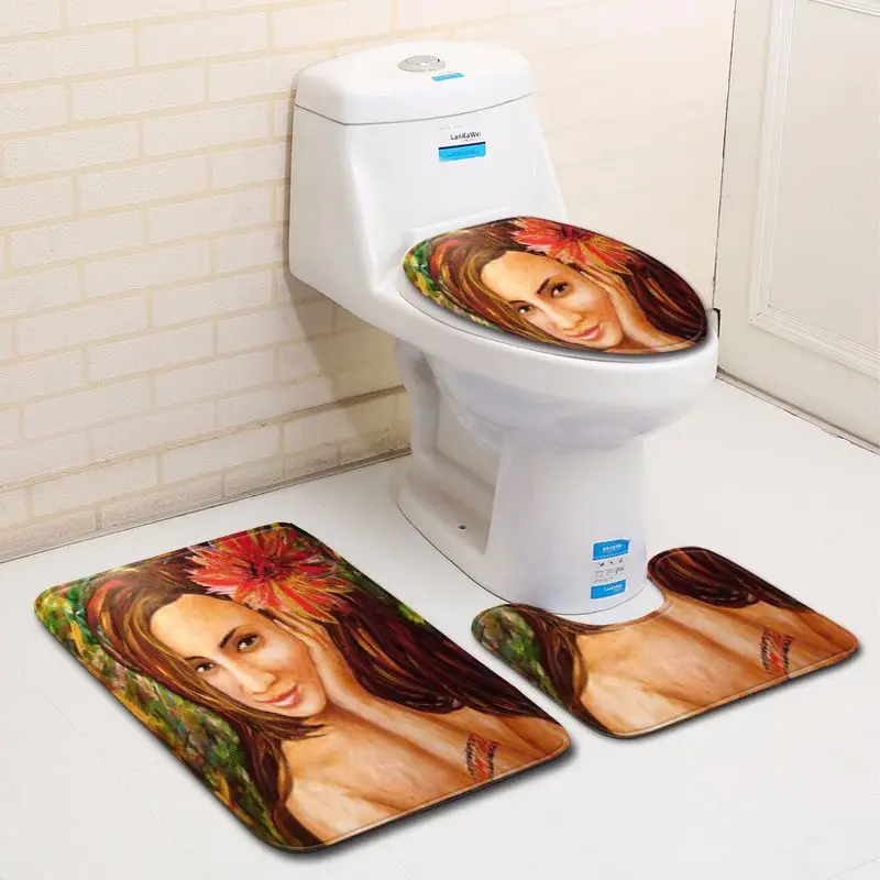 Zeegle 3D Pattern 3pcs Bathroom Mat Set Anti Slip Toilet Floor Rugs Toilet Lid Cover Flannel Bath Mat Set Bathroom Carpets Set