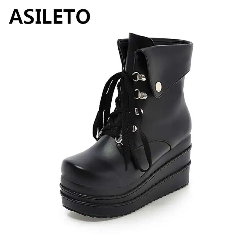 

ASILETO Women's Gothic Shoes round Toe Sexy Rivet Platform Wedges Boots Woman Lacing Punk Leather PU Ankle Boots Big Size 43