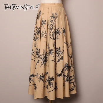 

TWOTWINSTYLE Vintage Patchwork Rivets Women Skirts High Waist Ruched Loose Print Hit Color A-Line Skirt Female Fashion Clothing