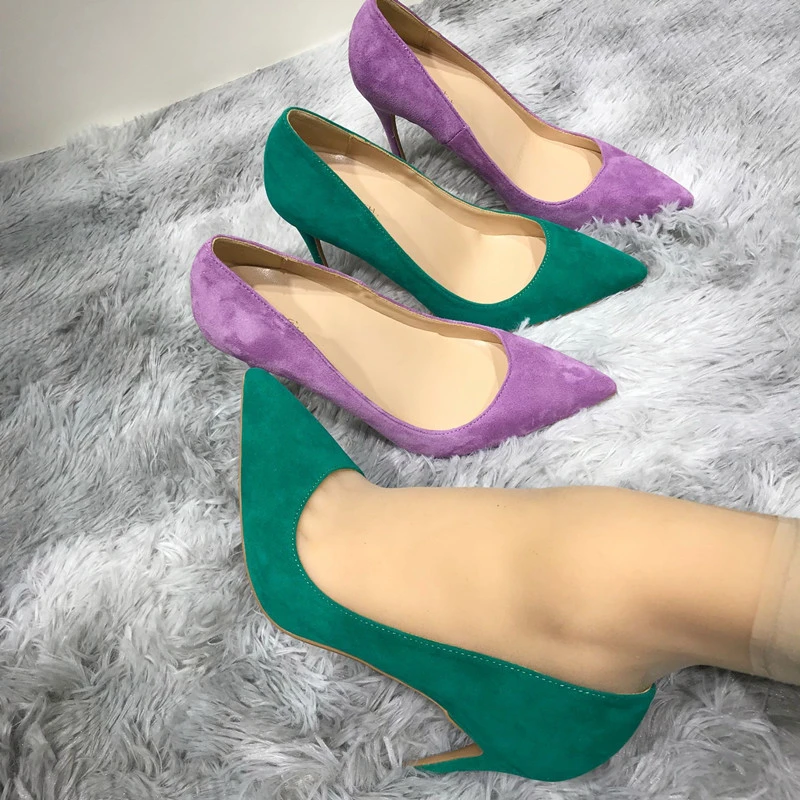 Tacones de gamuzazapatos de tacón aguja de ante para mujer, tacones de 12cm, puntiagudos, sin cordones, color verde morado,|Zapatos tacón de mujer| - AliExpress