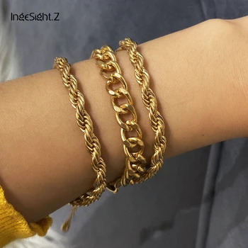 

IngeSight.Z 3Pcs/Set Hip Hop Metal Twisted Rope Chain Bracelets Bangles for Women Gold Color Curb Miami Cuban Bracelets Jewelry