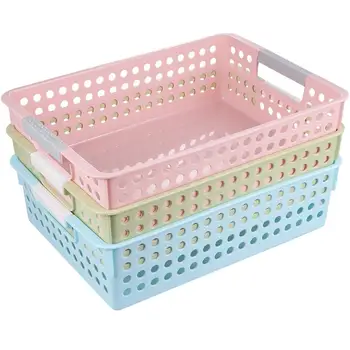 

3Pcs Plastic Storage Basket Desktop Hollow Out File Storage Box Container Document Organizer for Home Office (Pink+Green+Blue)