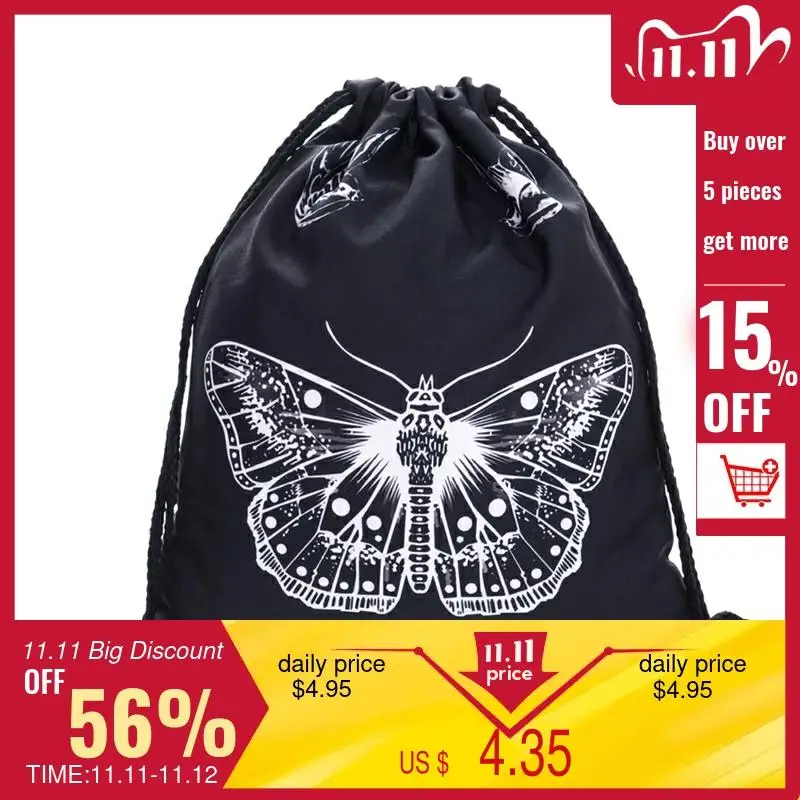 

New Butterfly TATOO Black Drawstring Bag Casual Mochila Cuerda Out Door Drawstring Backpack Women Men Modis String Bag Girl