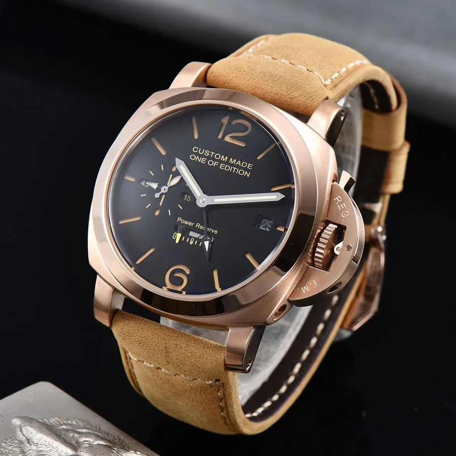 

44mm Watch Men Power reserve Automatic Mechanical GMT Leather Strap Case luminous Sports military watch men