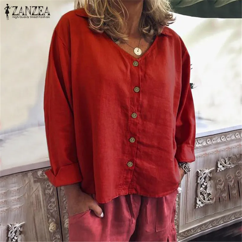 ZANZEA/Осенняя Элегантная блузка с v-образным вырезом из хлопка и льна, женское платье-рубашка с длинными рукавами и пуговицами на пуху, женские Однотонные блузки, топы 5XL