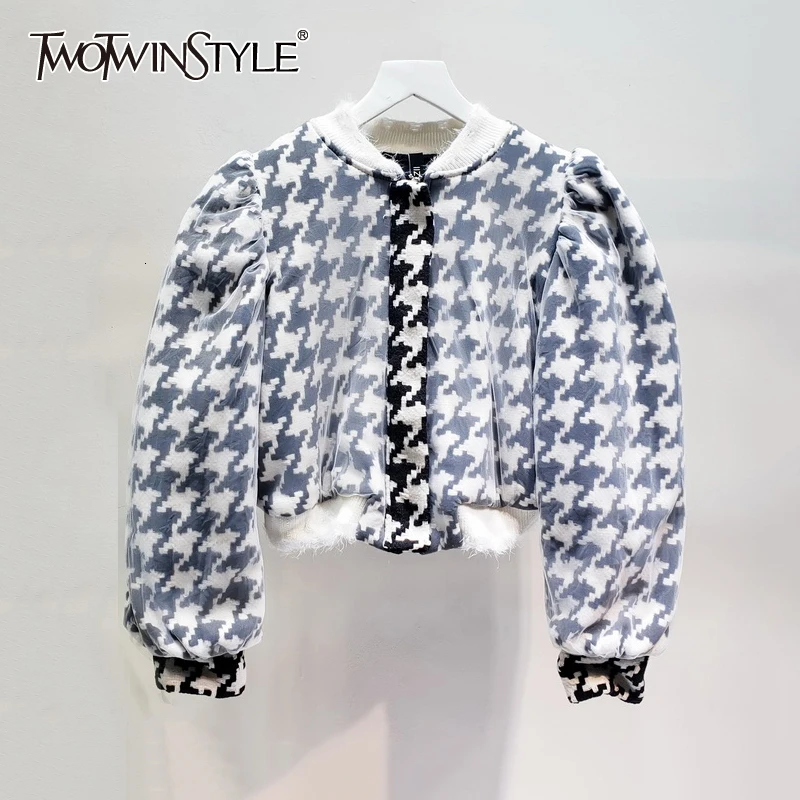 

TWOTWINSTYLE Patchwork Mesh Women's Coats O Neck Lantern Long Sleeve Ruched Loose Hit Color Jackets Female Clothing 2019 Fashion