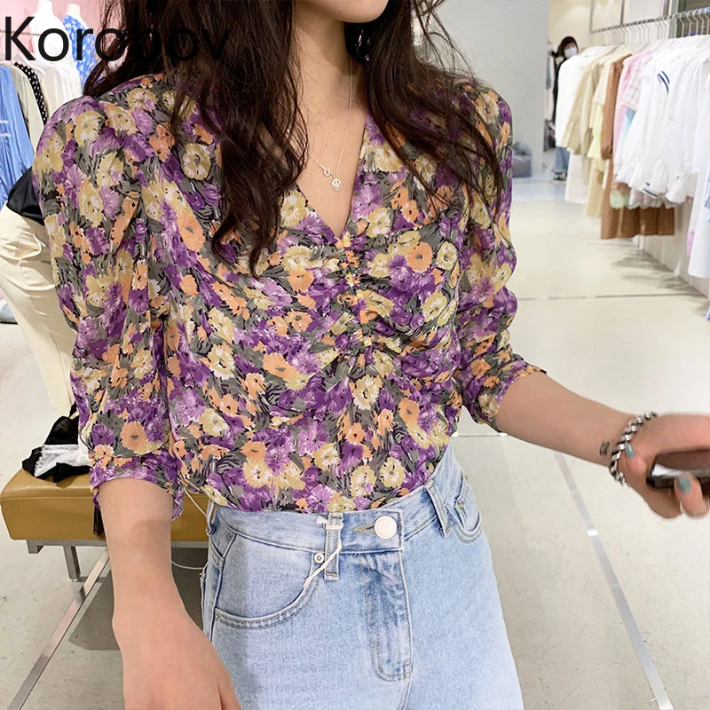 

Korobov Korean Elegant Flower Print Women Chiffon Blouses Vintage V Neck Long Sleeve Blusas Mujer Summer Female Shirts