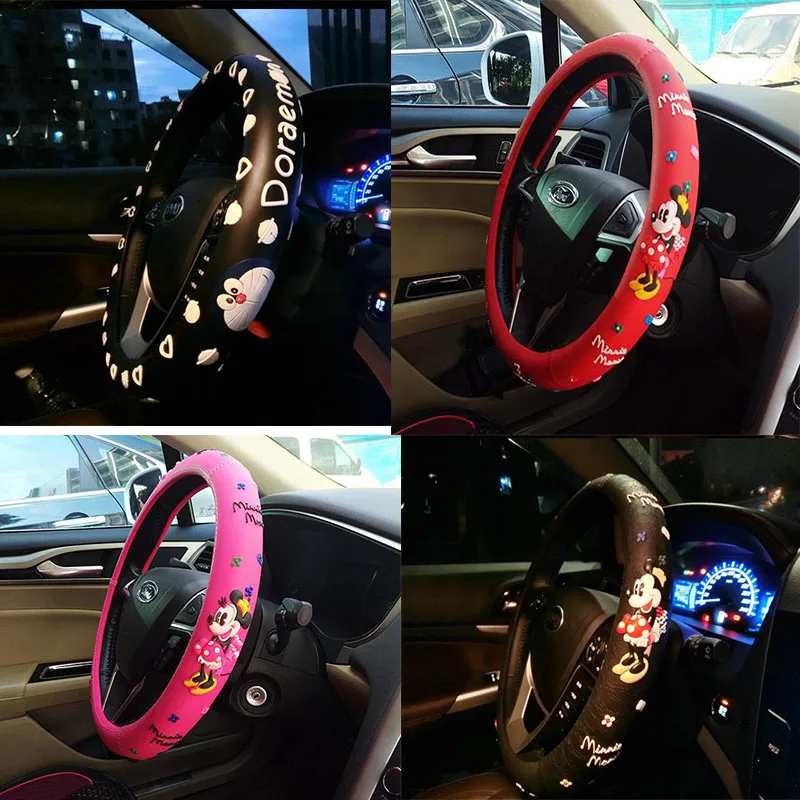 

Steering Wheel Cartoon Cute Covers Mickey Mouse Printed Car Steeing-Wheel Cover Black Latex Car Interior Accessories For Girls