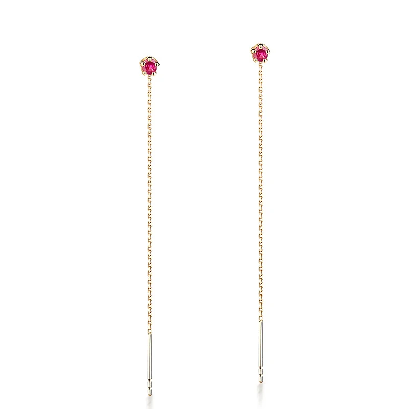 

Elegant Ruby 14K True Real Gold Piercing Drop Earrings Chain for Women Fancy Upscale Genuine Gemstone Dangle Office Jewelry Gift