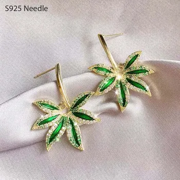 

925 Sterling Silver Needle Stud Earrings for Women Jewelry Statement Green Tree Leaf CZ Gold Female Earrings