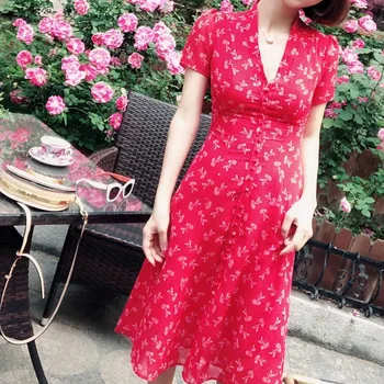 

Women Dress Vintage V-neck Button Waist Floral Long Style Dress