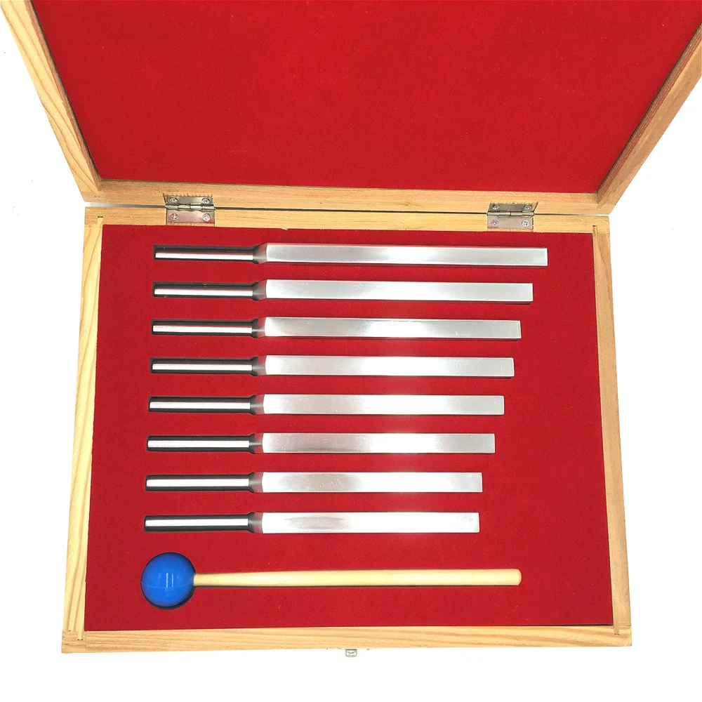 

8pcs High Quality Aluminum Alloy Silver Tuning Fork Set Chakra Hammer Ball Diagnostic Tool for Sound Healing Therapy Wooden Box