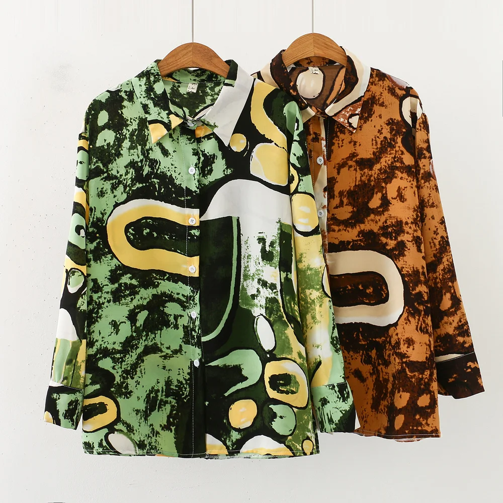 

Wishehappy women's blouse Loose Tops Turn-down Collar Button Down Shirts Female Beach Spring Long Sleeve Femme Workwear Floral