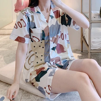 

JODIMITTY 2020 Summer Short Sleeve Silk Pajama Set Turn-down Collar Nightgown Cute Bear Sleepwear Long Pant Spring Nightsuit
