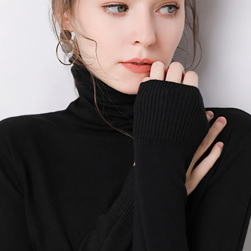 Ccibuy, тянущийся Женский кашемировый свитер, водолазка, пуловер, мягкий, длинный рукав, облегающая, Вязанная, одноцветная рубашка, Осень-зима - Цвет: Черный