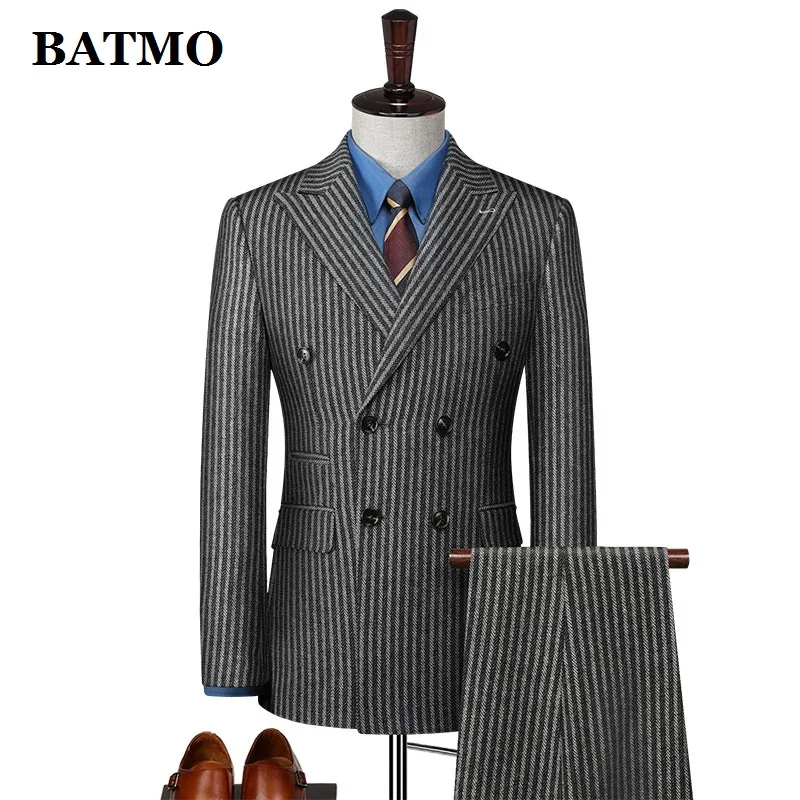 

BATMO 2023 new arrival high qulaity wool striped suits men,casual two Splits suits ,867A