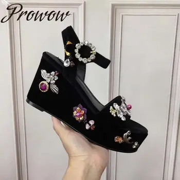 

Prowow New Black Red Wine Sexy Platform Summer Sandals Crystal Jewel Beading Buckle Strap HIgh Heel Wedges Shoes Women
