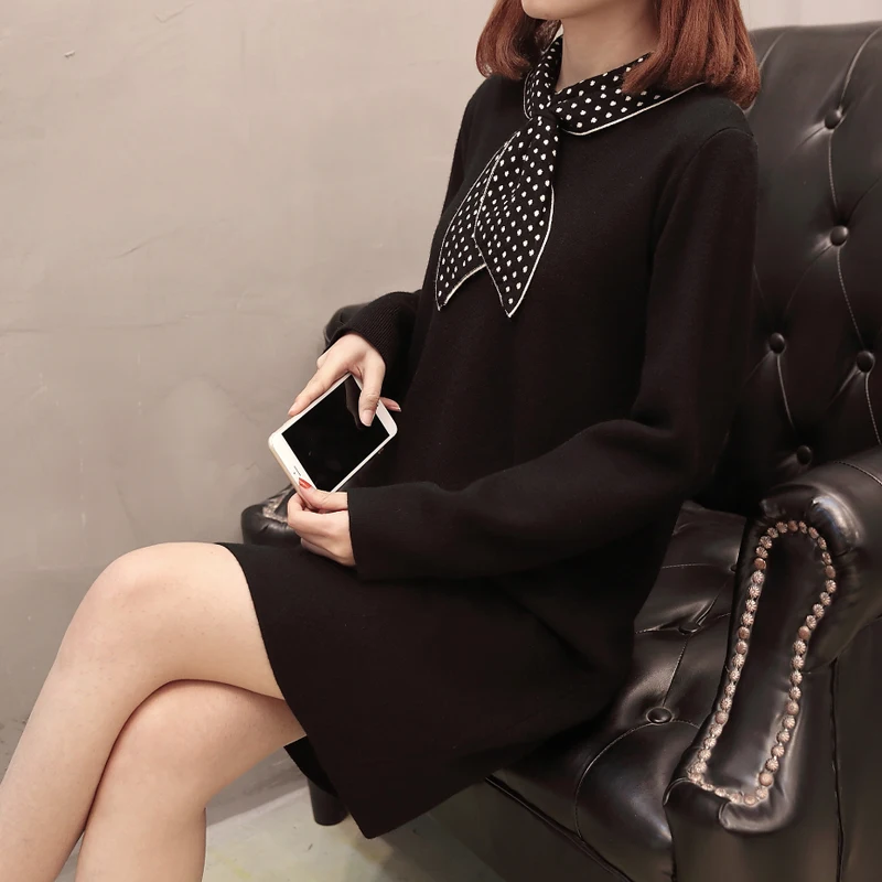 

Fashion Autumn Winter Women Bot Print Bow Sweater Dress Female Pullover Knit Sweaters Dresses Plus Size 3XL Jumper Pull Femme