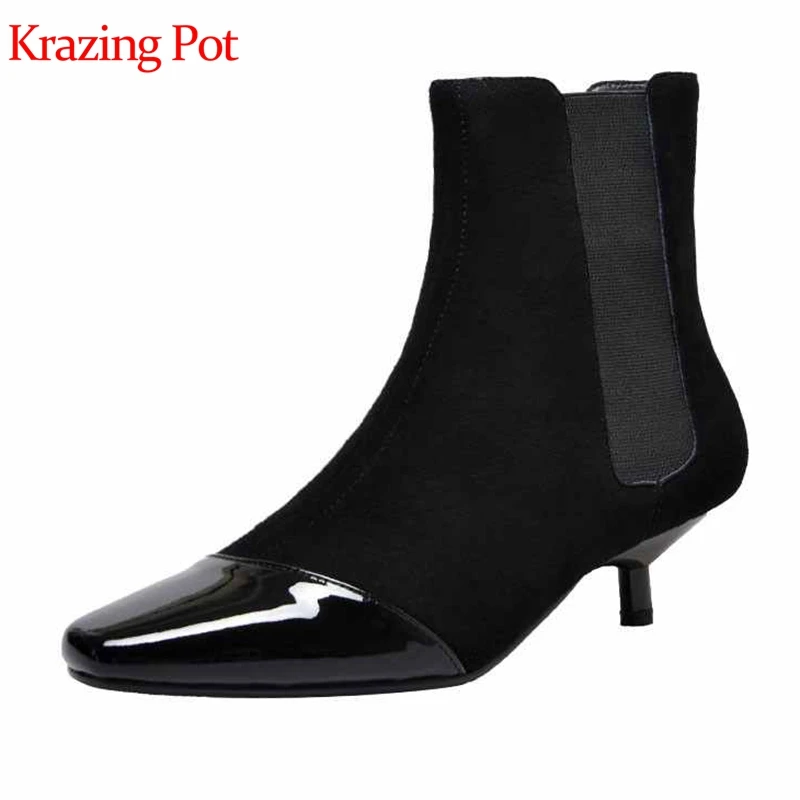 

Krazing pot 2019 new sheep suede genuine leather short boots sexy party square toe slip on med heels keep warm Chelsea boots L62