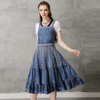 

Strap Sleeveless Pockets Ruffles Big Hem Midi Vintage Embroidery Denim Dresses 2020 Summer New Women Clothing Sukienki Damskie