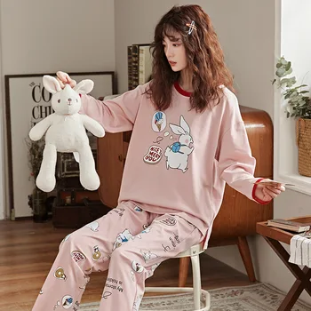 

Sleepwear Women's Cotton Cute Rabbit Long Sleeve Pajamas Spring/autumn Leisure Two-piece Suit Pajamas For Wome