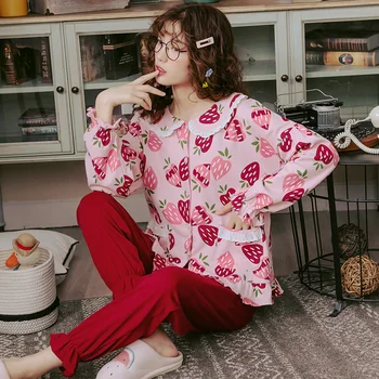 

Woman's pajamas autumn Long sleeve Cotton Cardigan Loose Plus size 4XL pajama Set Ladies pyjamas