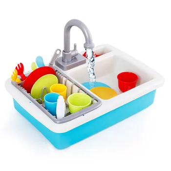 

[Funny] Children simulation electronic kitchen sink toy Really flowing water faucet Colorful tableware set play house toy gift