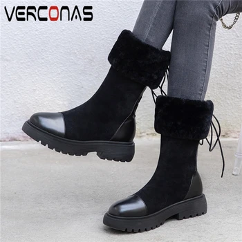 

VERCONAS Concise Mid-Calf Boots For Women 2020 Autumn Winter Warm Platform Thick Heels Shoes Woman Casual New Lace-Up Snow Boots